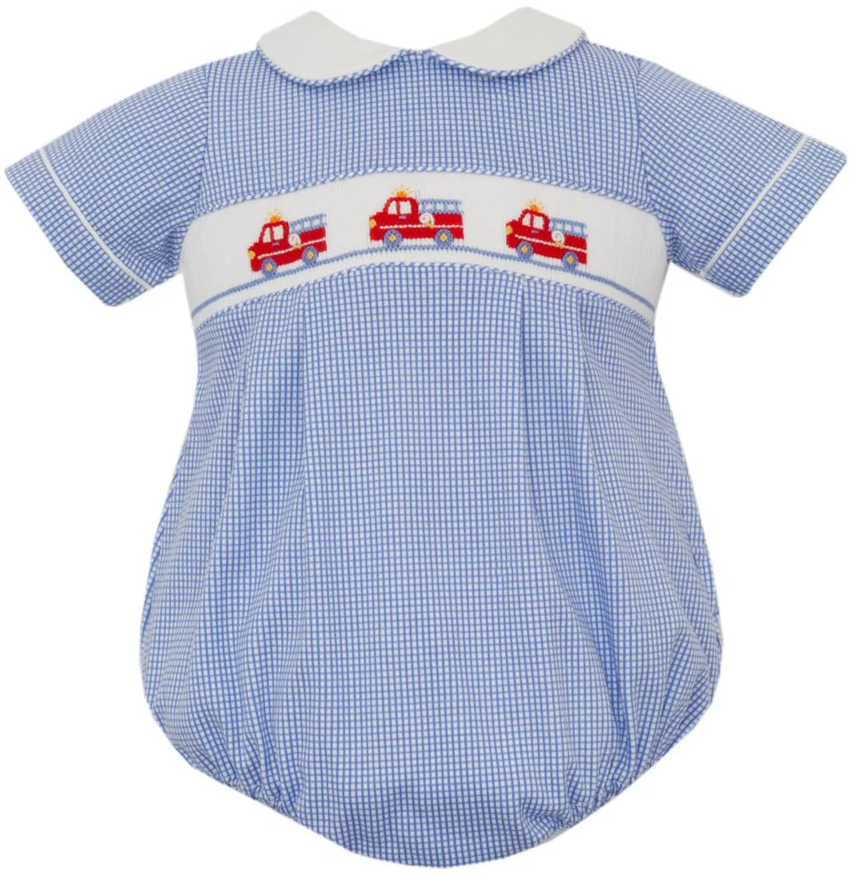 Petit Bebe Firetrucks Royal Blue Gingham Bubble