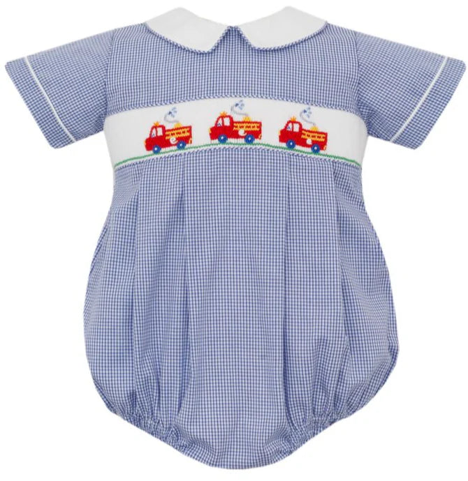 Petit Bebe Navy Firetruck Smocked Bubble