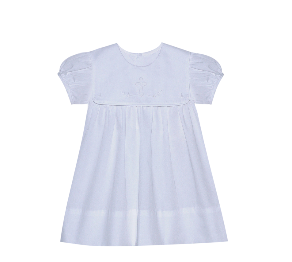 Baby Sen Ellis Cross Dress-White w/ Ecru Stitching