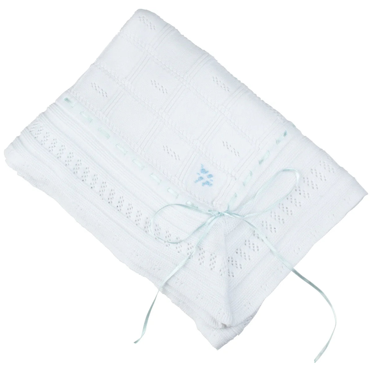 Feltman White/Blue Ribbon Pointelle Knit Blanket
