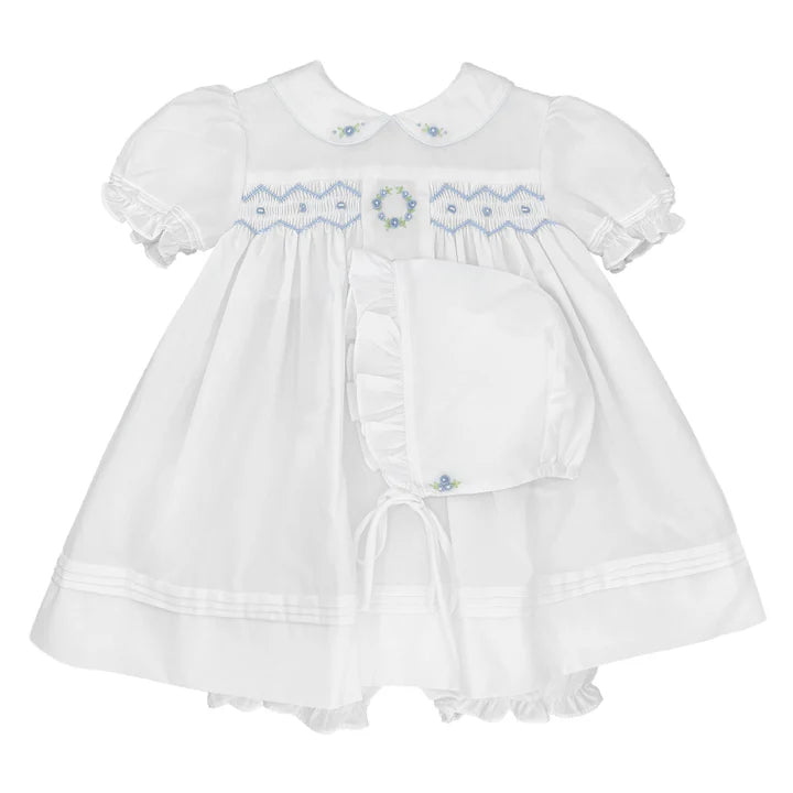 Petit Ami White Dress w/ Blue Emb & Smocking w/ Hat