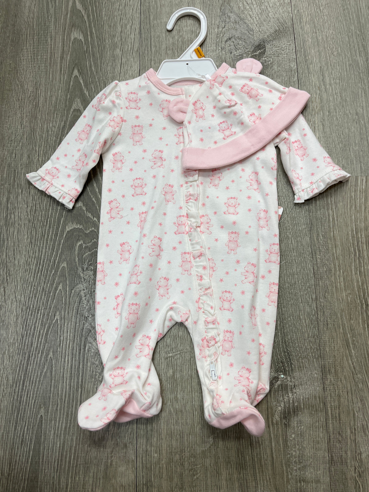 Little Me Pink Bear Ruffle Zip Footie