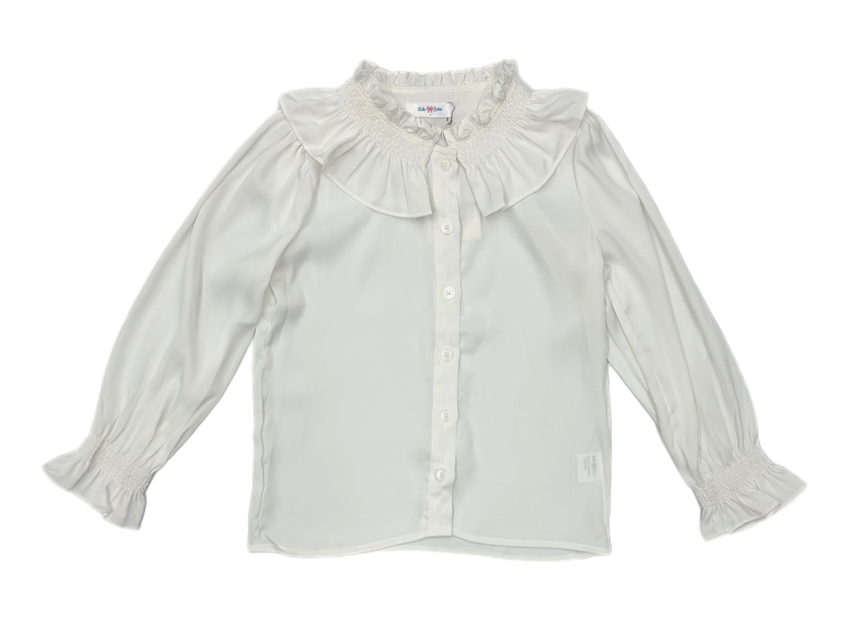 Lulu Bebe L/S Smocked Ruffle Collar Shirt-White