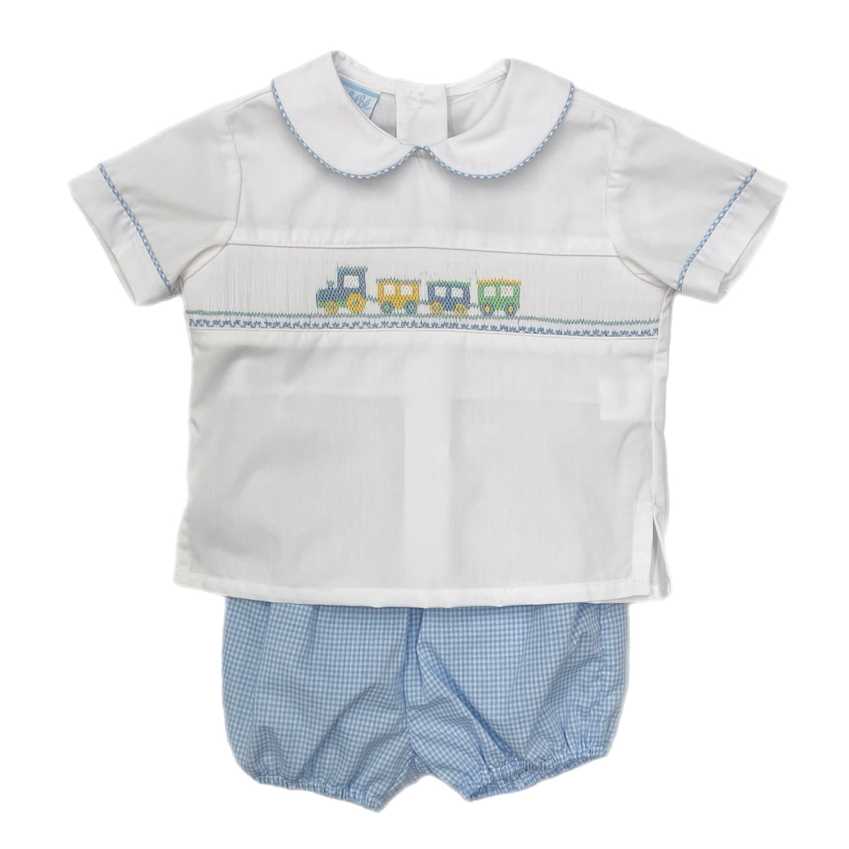 Petit Bebe Train Lt. Blue Gingham Diaper Set