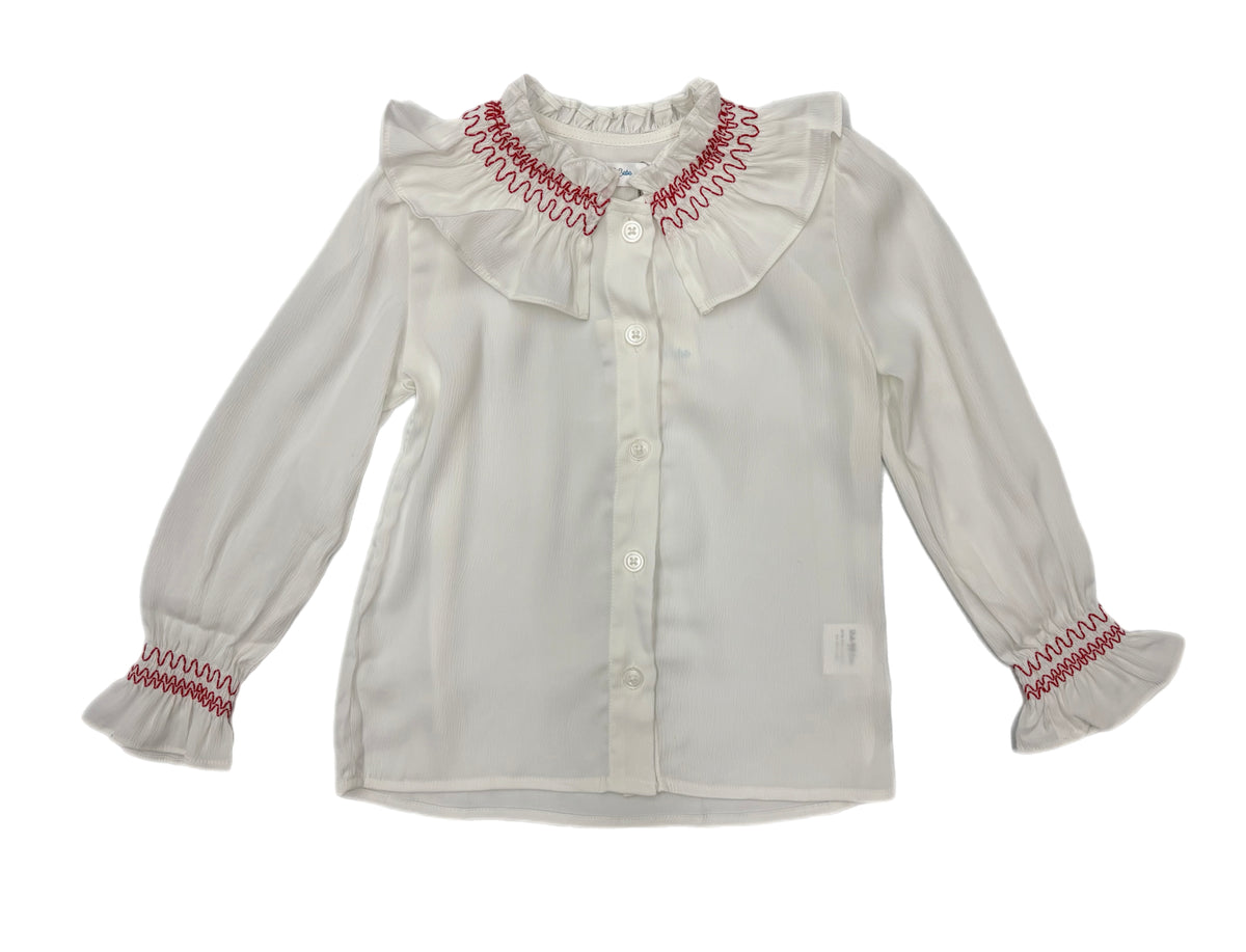Lulu Bebe L/S Red Smocked Ruffled Collar Shirt-White
