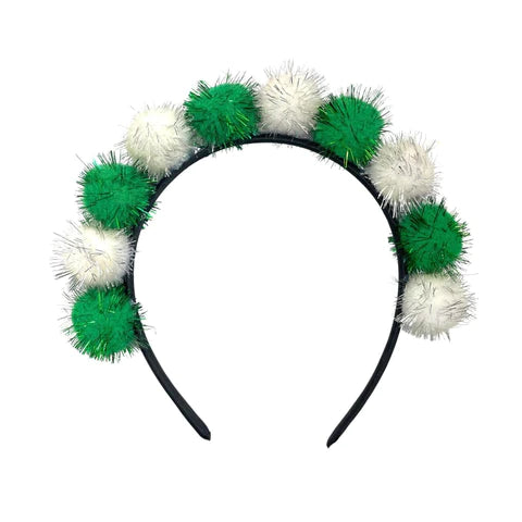 Green & White Tinsel Pom Pom Headband