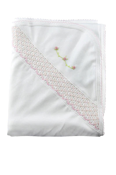 Baby Threads Rosebud & smocked Blanket-White
