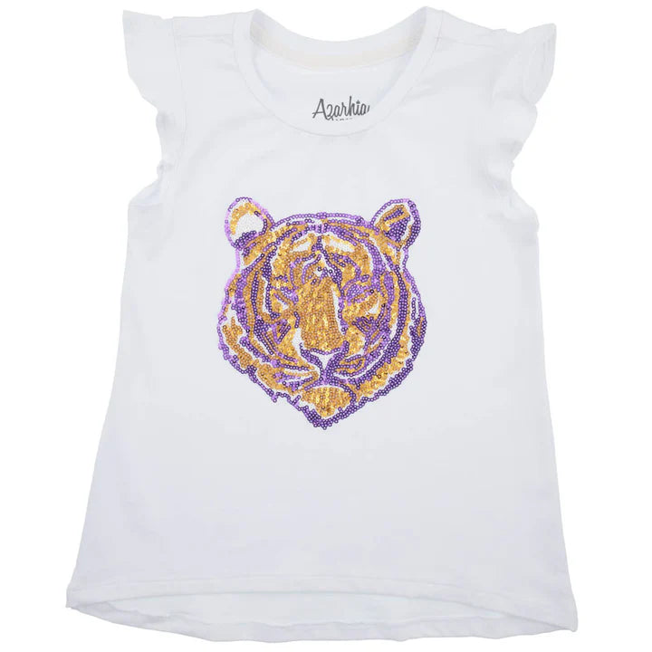Azarhia Purple/Gold Sequin Tigers Face Angel Sleeve Shirt-White