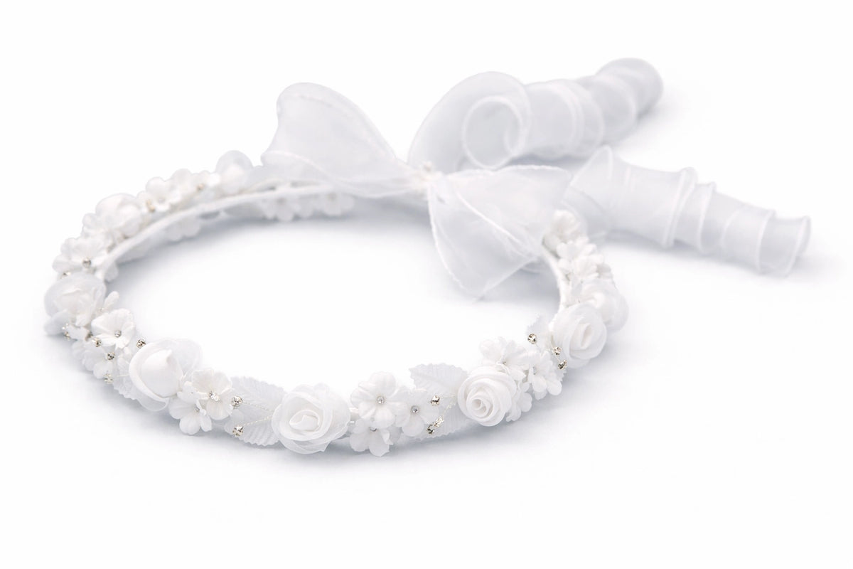 BajaBella White Headpiece w/ Flowers & Crystals