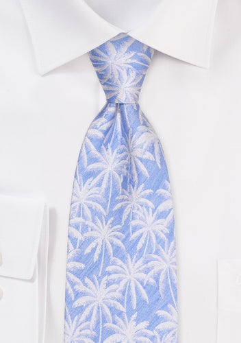 Lt. Blue Linen Silk Tie w/ Palm Trees