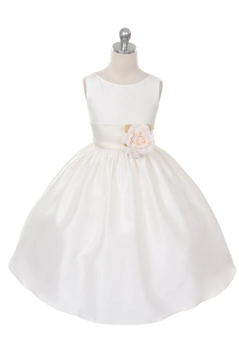 Kid's Dream Plain Ivory Poly Dupioni Sleeveless Dress w/Sash