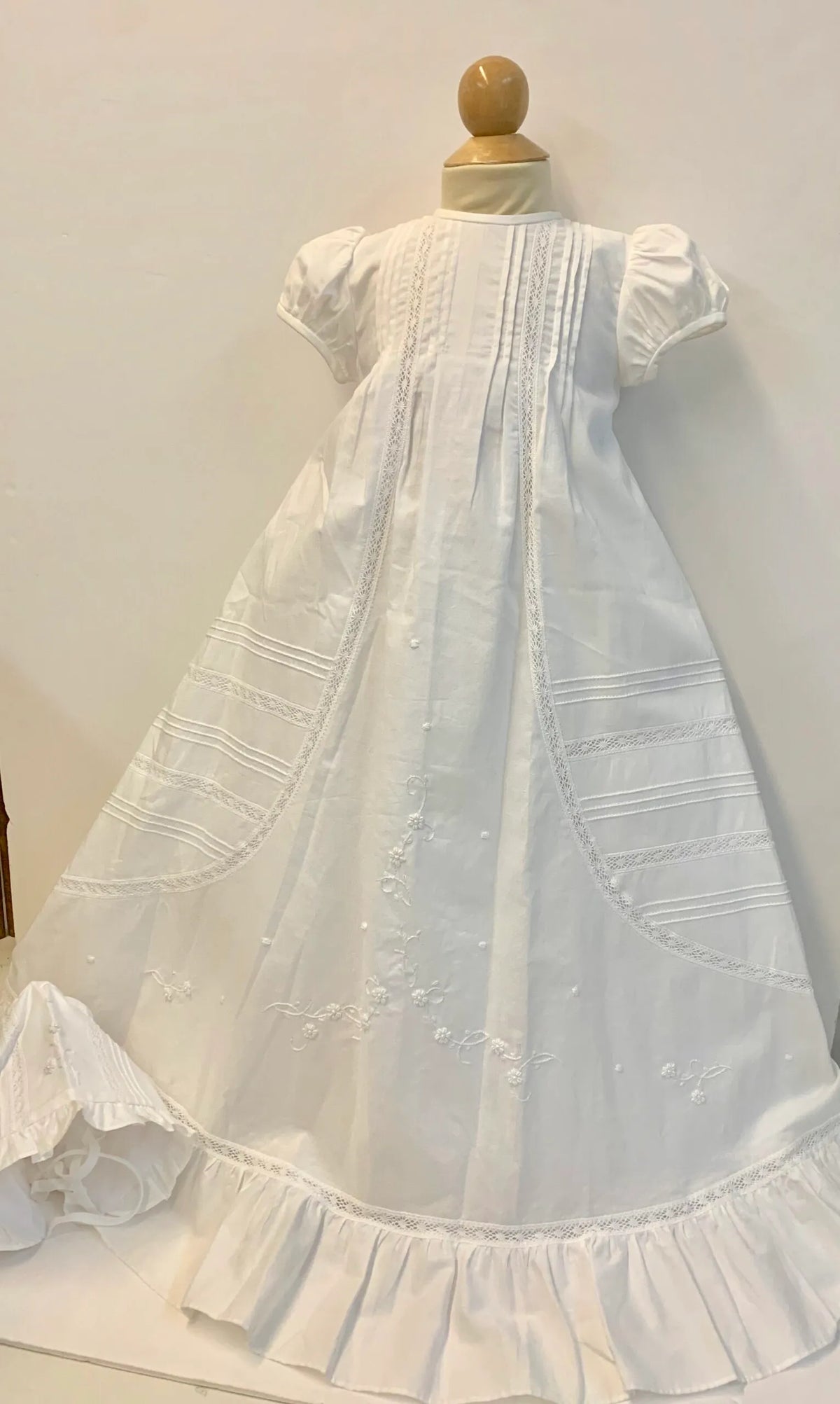 Willbeth Pleated Gown w/ Ruffle Bottom & Bonnet