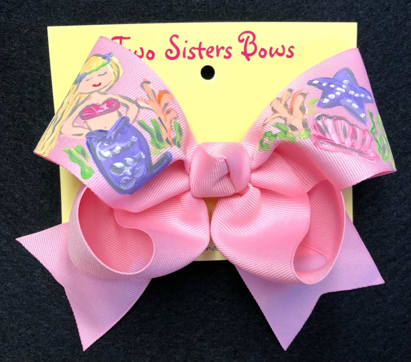 Two Sisters Mermaid Shells Painted Bow-Pink
