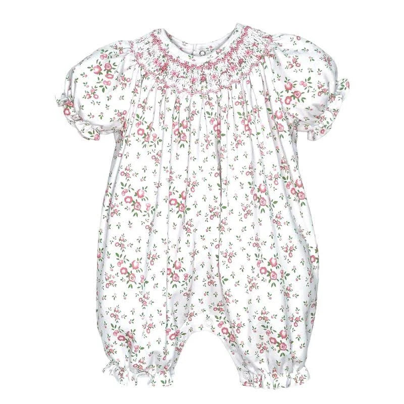 Petit Ami Knit Smocked Floral French Bubble-White/Pink