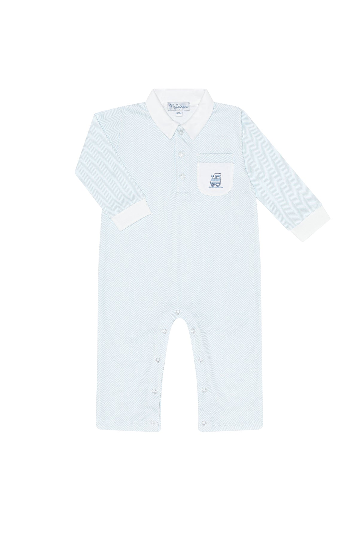 Nella Pima Blue Herringbone Embroidered Train Playsuit
