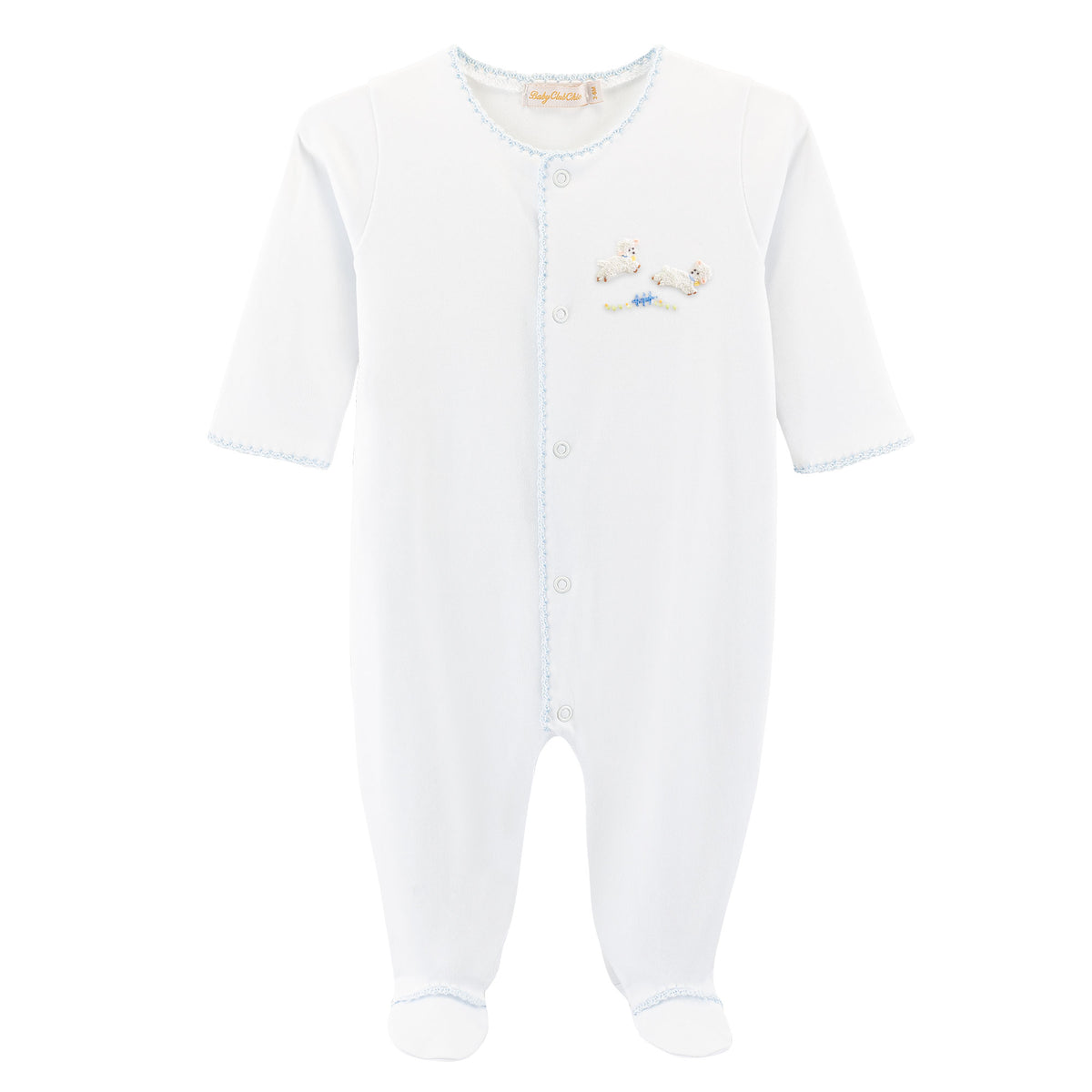 BCC White Lamb Footie w/ Blue Trim