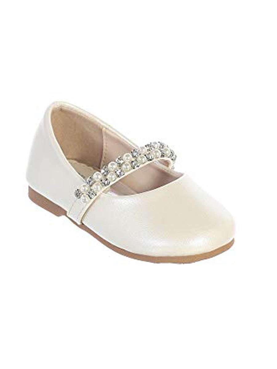 Tip Top Leatherette Flats w/ Rhinestone & Pearl Strap-White