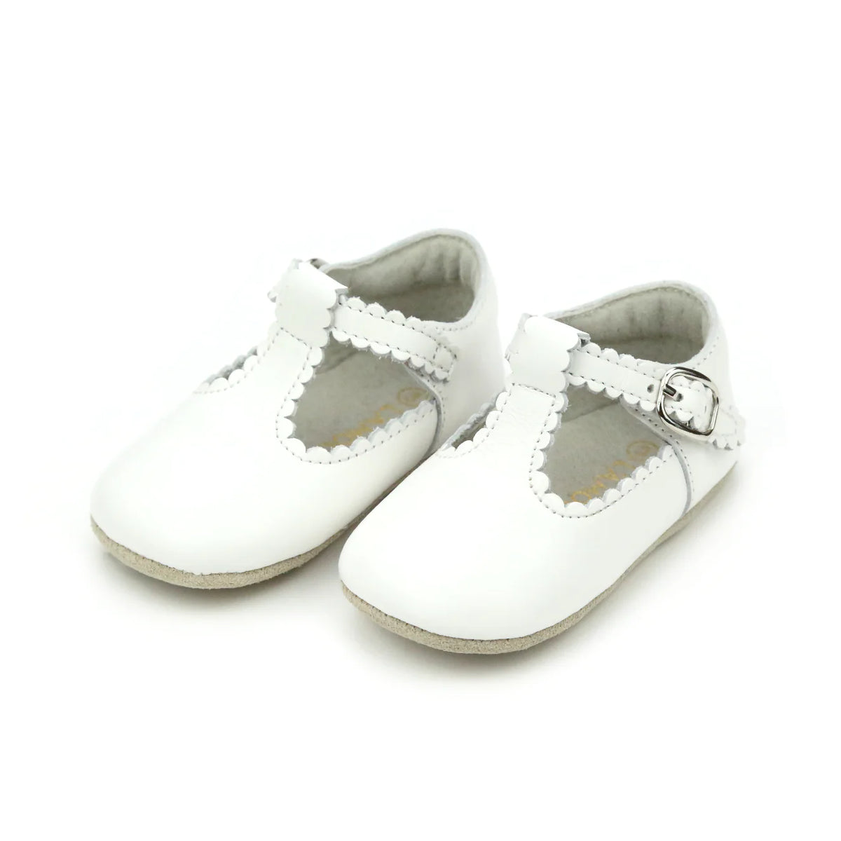 Lamour Elodie White T-Strap Scalloped Crib Shoe