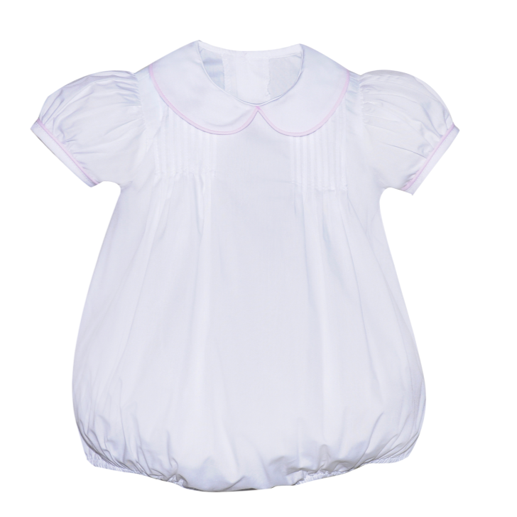 RN White Reagan Girl Bubble w/ Tucks & Pink Micro Piping