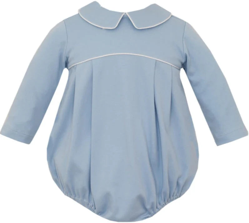 Petit Bebe Blue Knit L/S Bubble w/ White Piping