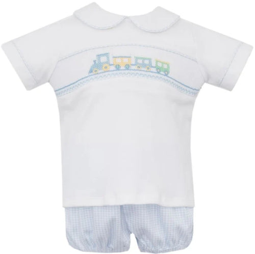 Petit Bebe Lt Blue Gingham Train Bloomer Set