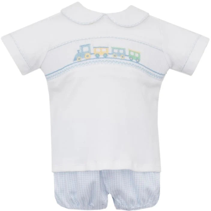 Petit Bebe Lt Blue Gingham Train Bloomer Set