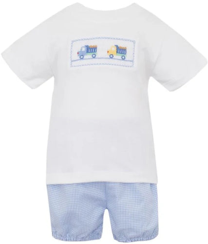 Petit Bebe Dump Trucks Blue Gingham Bloomer Set