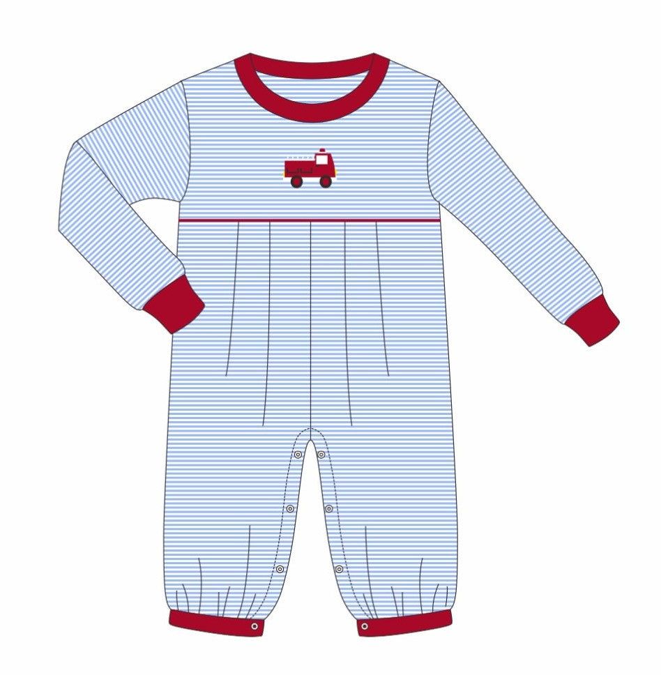 Itsy Bitsy Firetruck Blue Stripe Long Romper