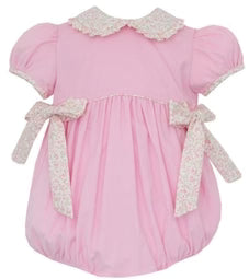 Petit Bebe Pink Corduroy Bubble w/ Floral Collar & Side Bows