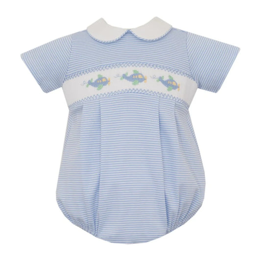 Petit Bebe Airplane Blue Knit S/S Stripe Bubble