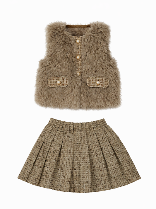 ML Kids Fur Vest  w/ Tweed Skort Set-Beige