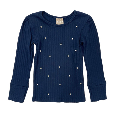 Milon L/S Blouse w/ Pearls-Navy