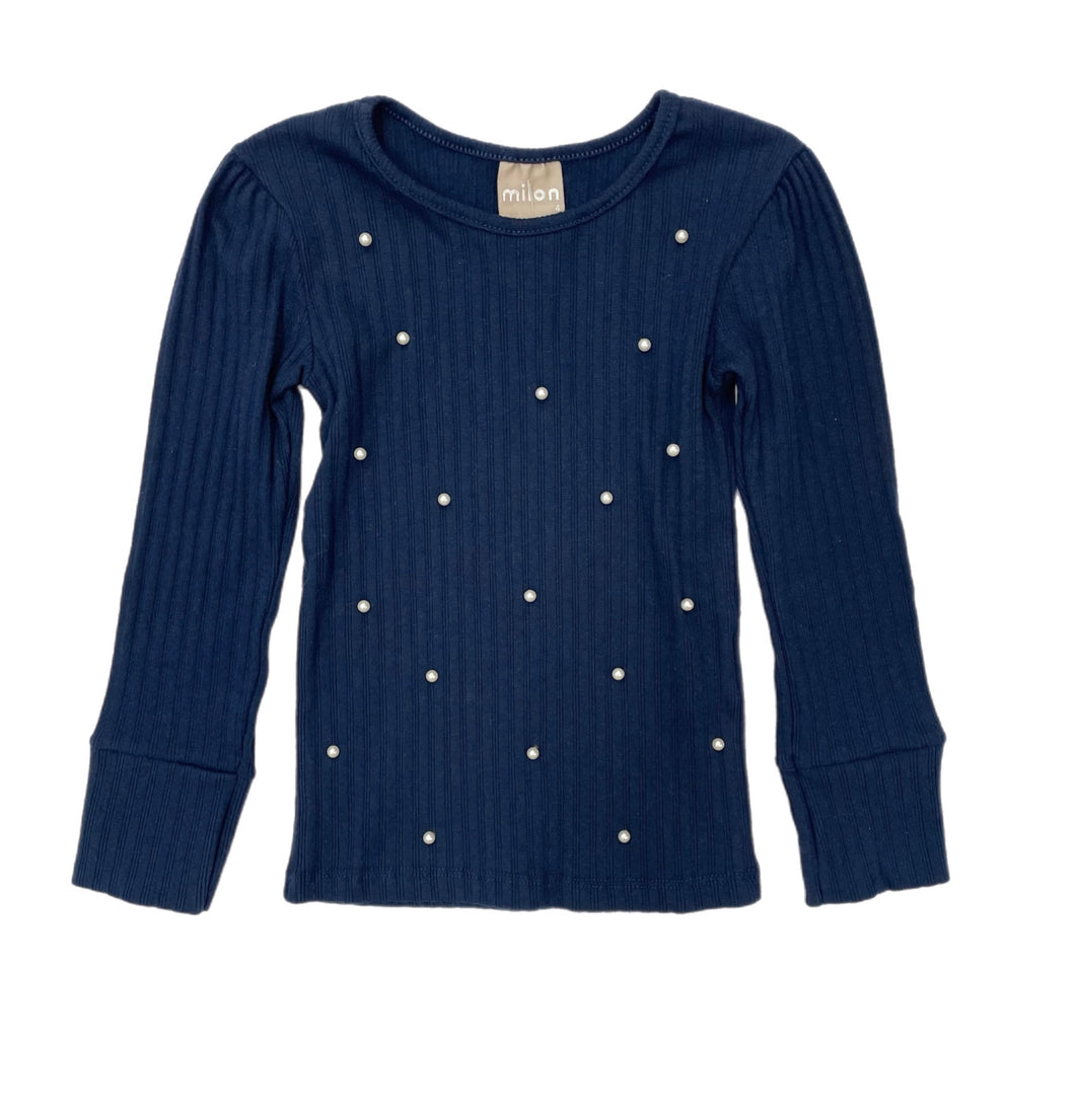 Milon L/S Blouse w/ Pearls-Navy