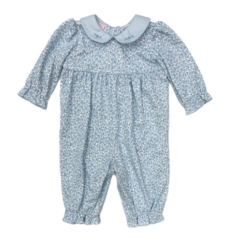 Petit Bebe Blue Liberty Print Romper w/ Emb. Collar