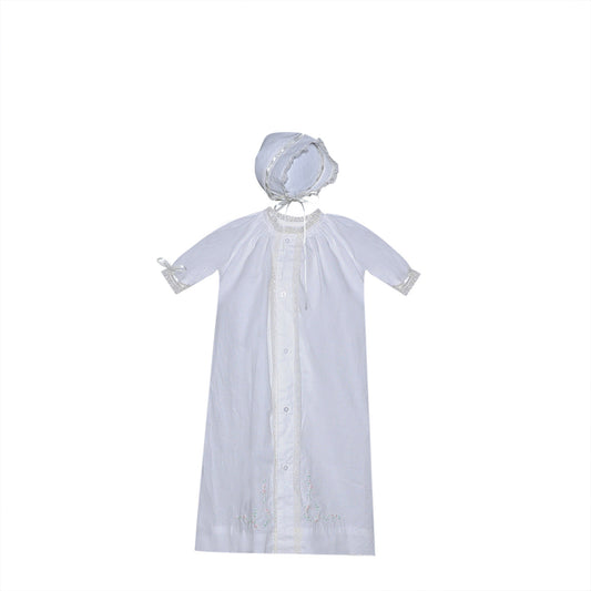 Baby Sen Carter Emb Flower Daygown-White w/ Ecru Lace