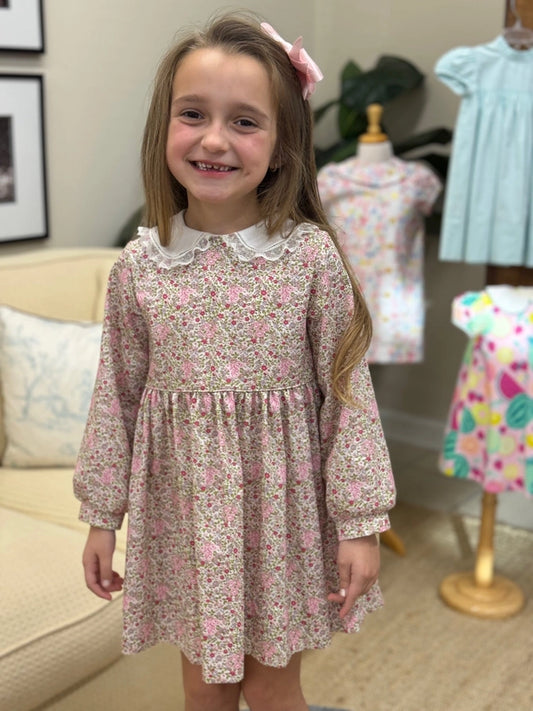 Angels and Co. L/S Bodice Pink Print Dress W/ Lace Collar
