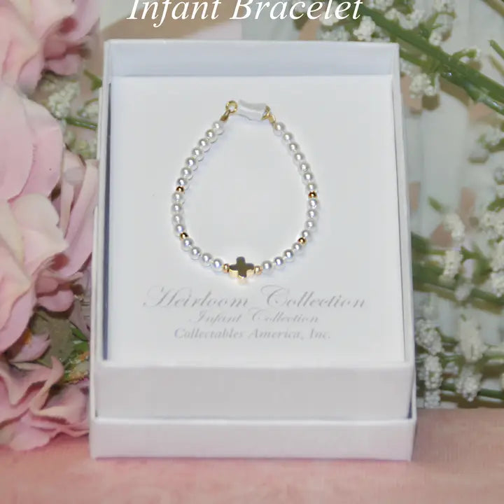 CA Infant Dainty Gold Cross Pearl/Gold Bracelet 4.5"