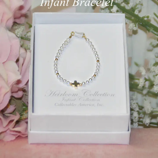 CA Infant Dainty Gold Cross Pearl/Gold Bracelet 4.5"