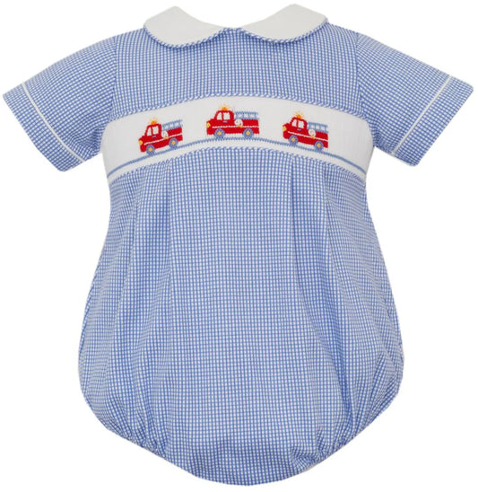 Petit Bebe Firetrucks Royal Blue Gingham Bubble