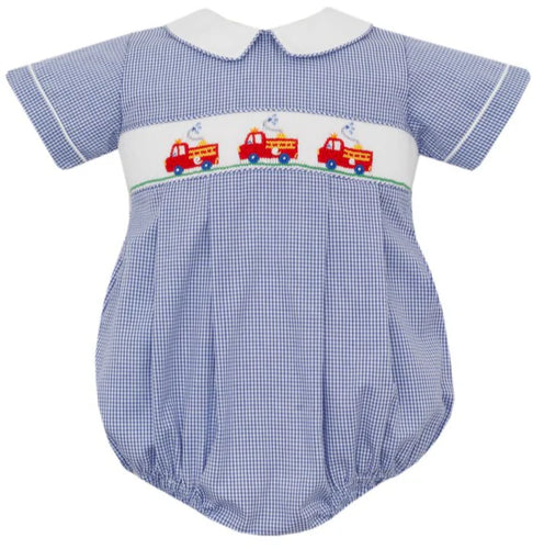 Petit Bebe Navy Firetruck Smocked Bubble