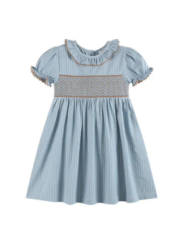 Lil Cactus Blue Pinstripe/Brown Smocked Dress