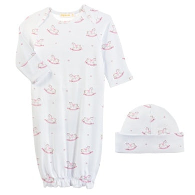 BCC Cute Rocking Horse Pink Printed Gown/Hat Set