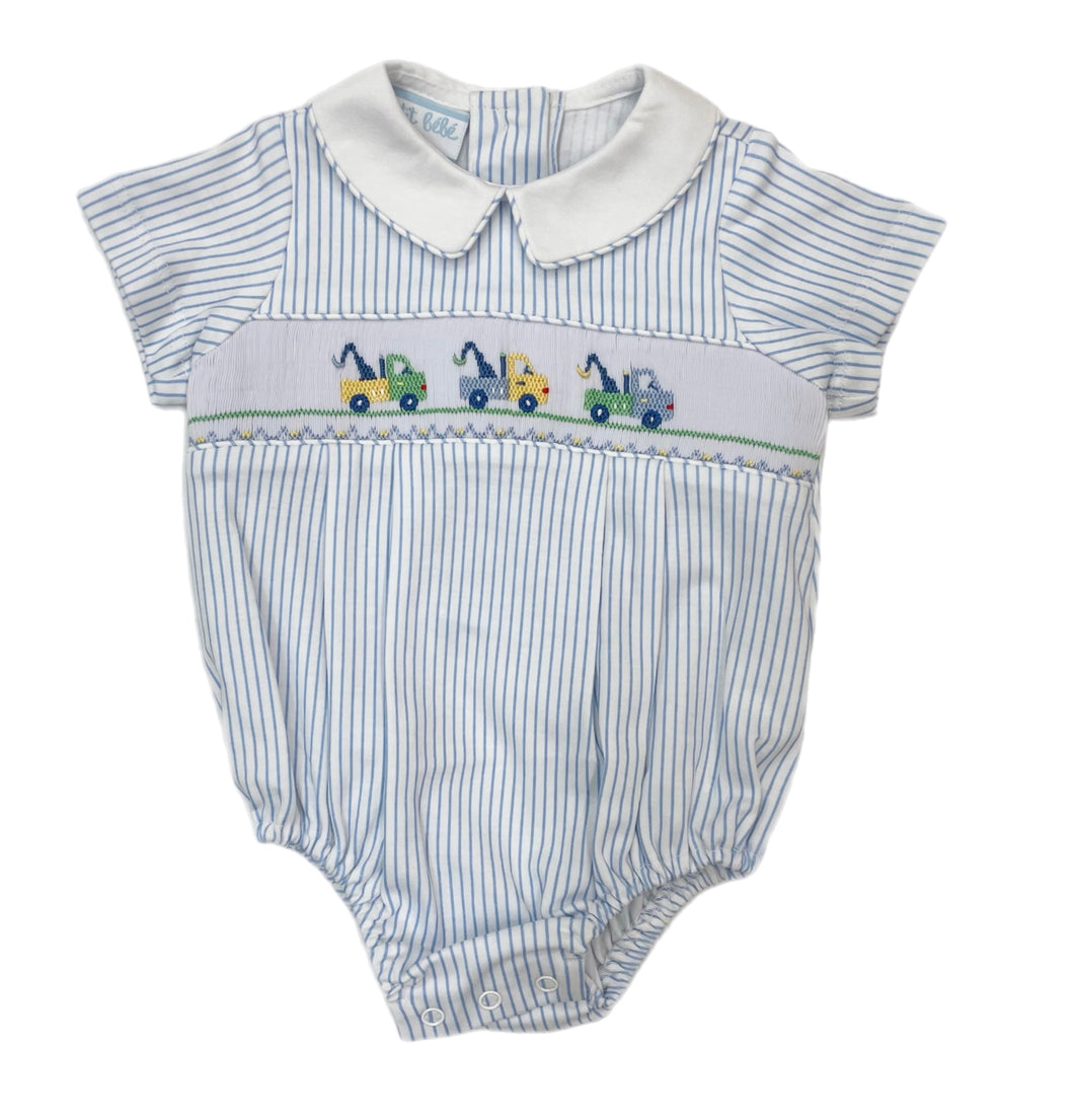 Petit Bebe Crane Smocked Lt. Blue Stripe Bubble