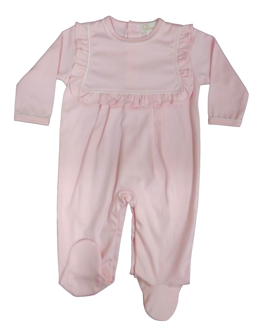 Shimoa Pink Knit Footie w/ Piping & Ruffle Yoke