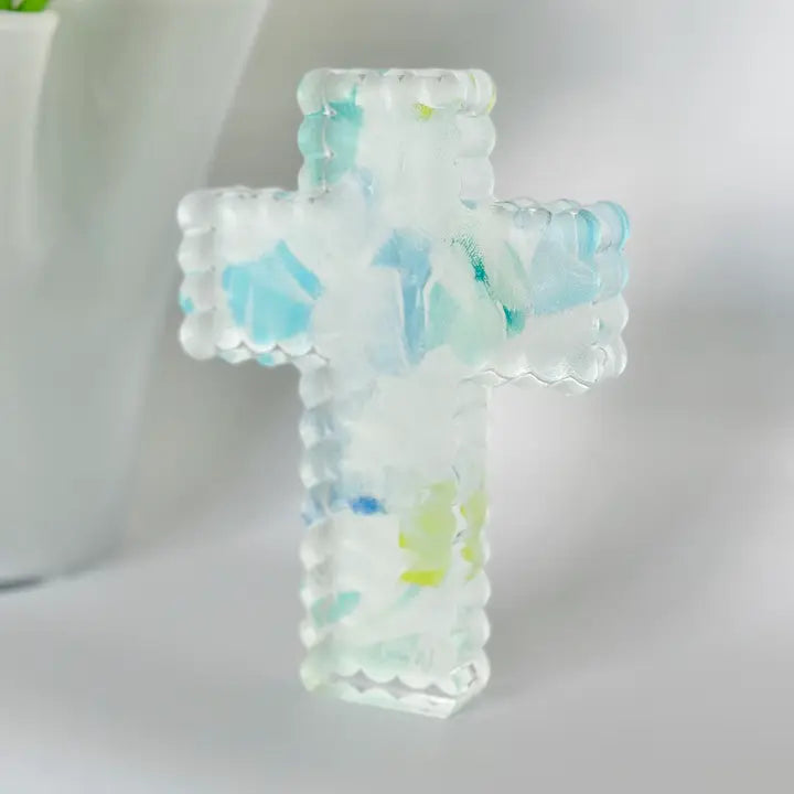 Anna Walding Art Scalloped Acrylic Cross-Blue Abstract