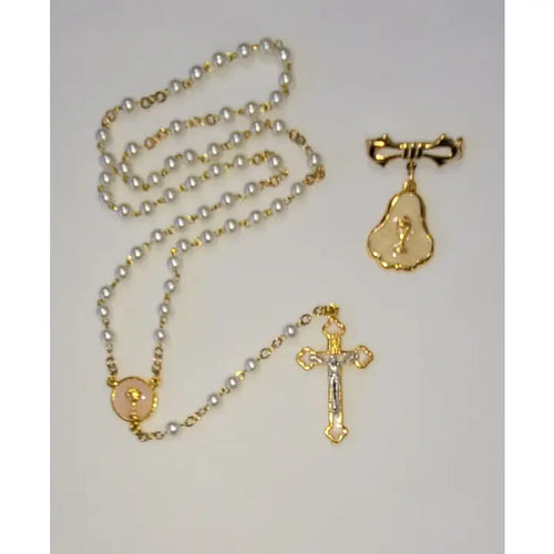 First Communion Pearl Rosary & Chalice Pin Set