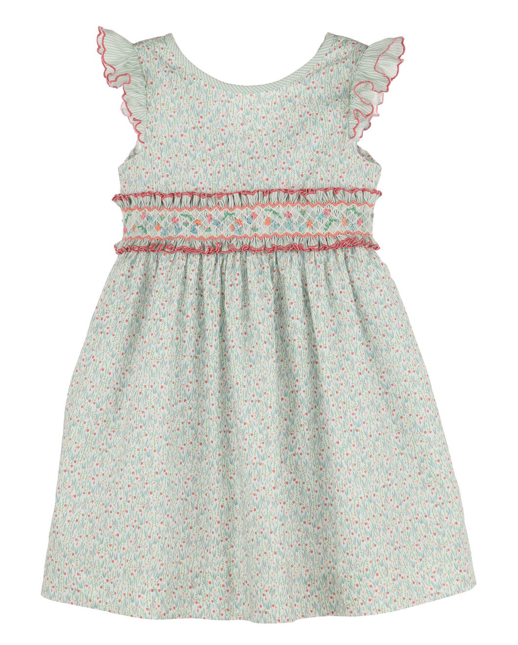 Luli & Me Green/Coral Tiny Tulips Dress with Sash