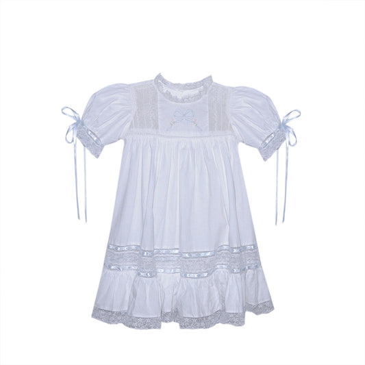 P & R White Hazel Dress w/Blue Ribbon Embroidery