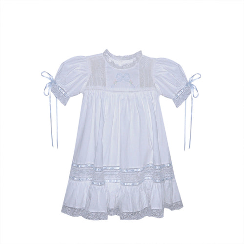 P & R White Hazel Dress w/Blue Ribbon Embroidery