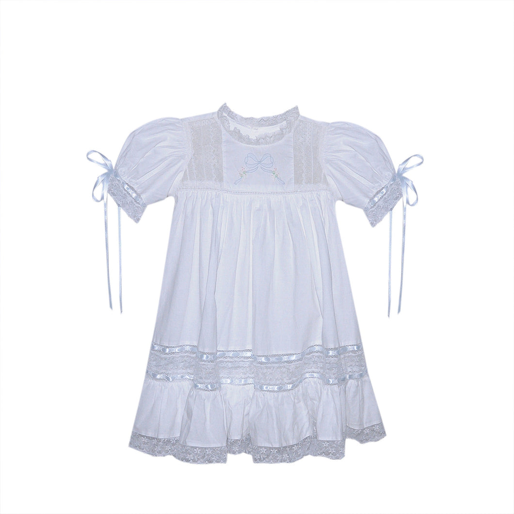 P & R White Hazel Dress w/Blue Ribbon Embroidery